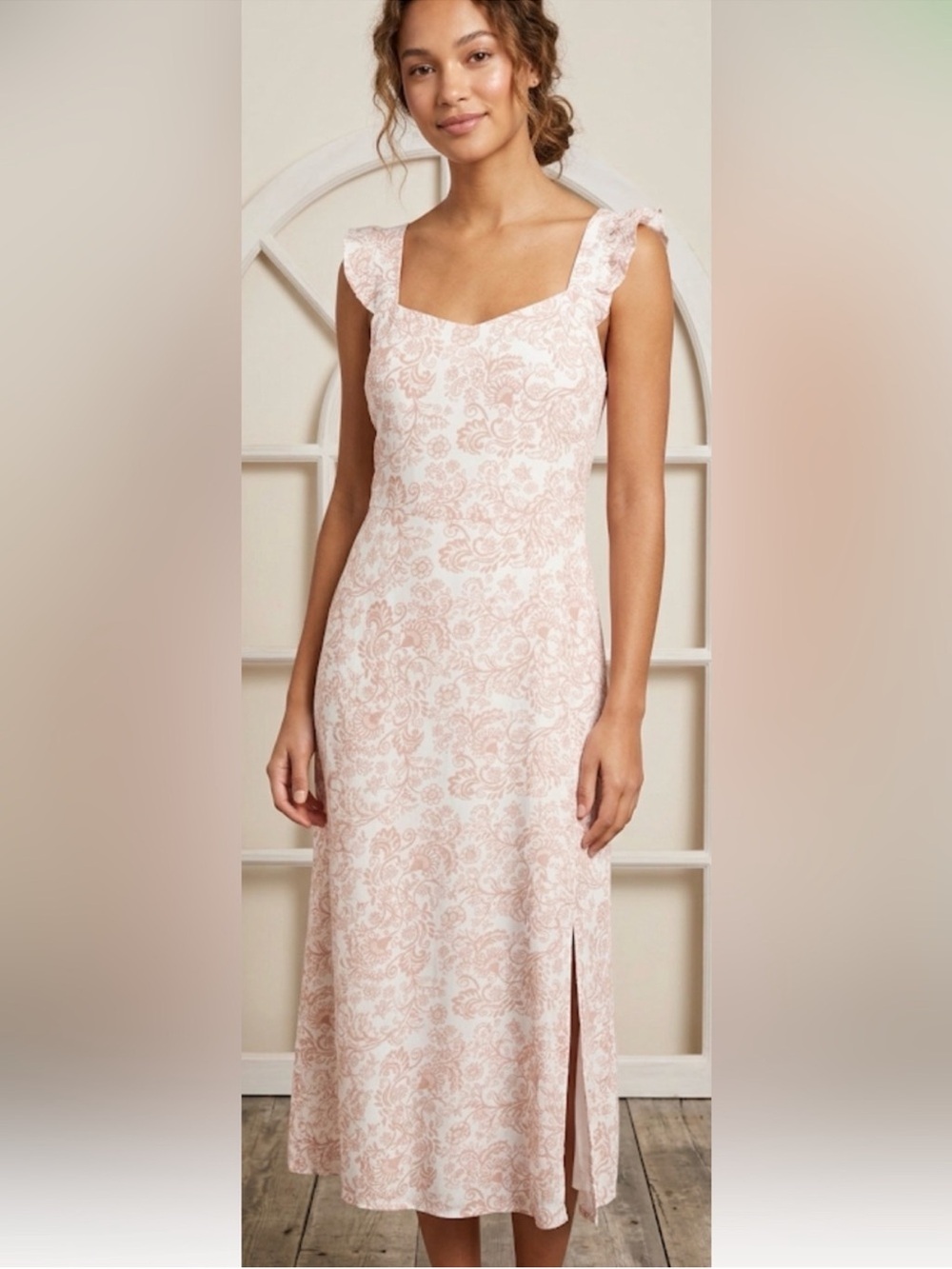 LOFT Midi Dress Beige Cream Floral Paisley Ruffle Midi Dress Cottagecore New